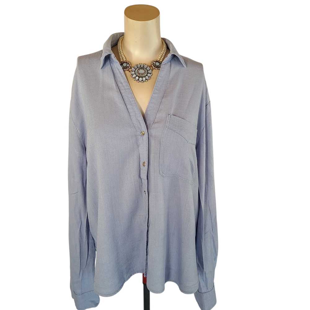 ​Oak & Trellis Blue Linen Blend Roll-Tab Button Down XL